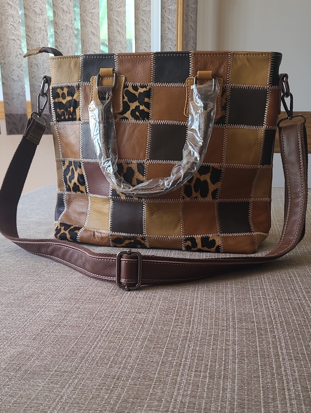 Brand New Patchwork Leopard Accent Leather Tote Bag - Brown/Tan